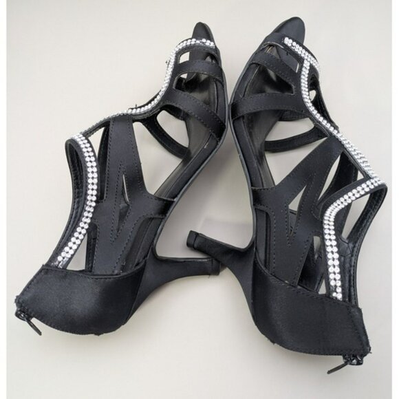 Metaphor Black Strappy Heels Rhinestones Zip Back Heels Womens Size 9 Medium - Picture 6 of 9